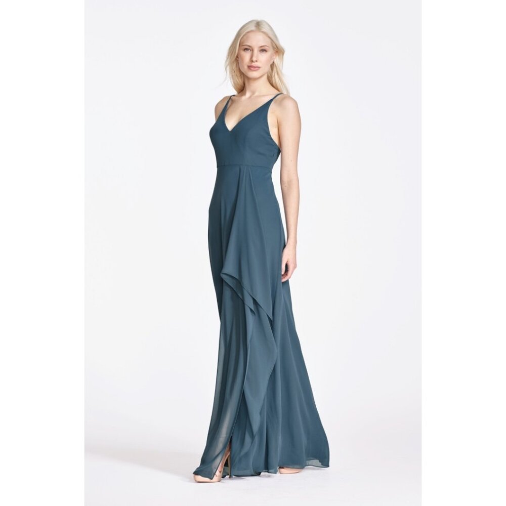 WToo Miller. Long chiffon formal dress. Ruffle slit. Vneck. Teal. Size 10